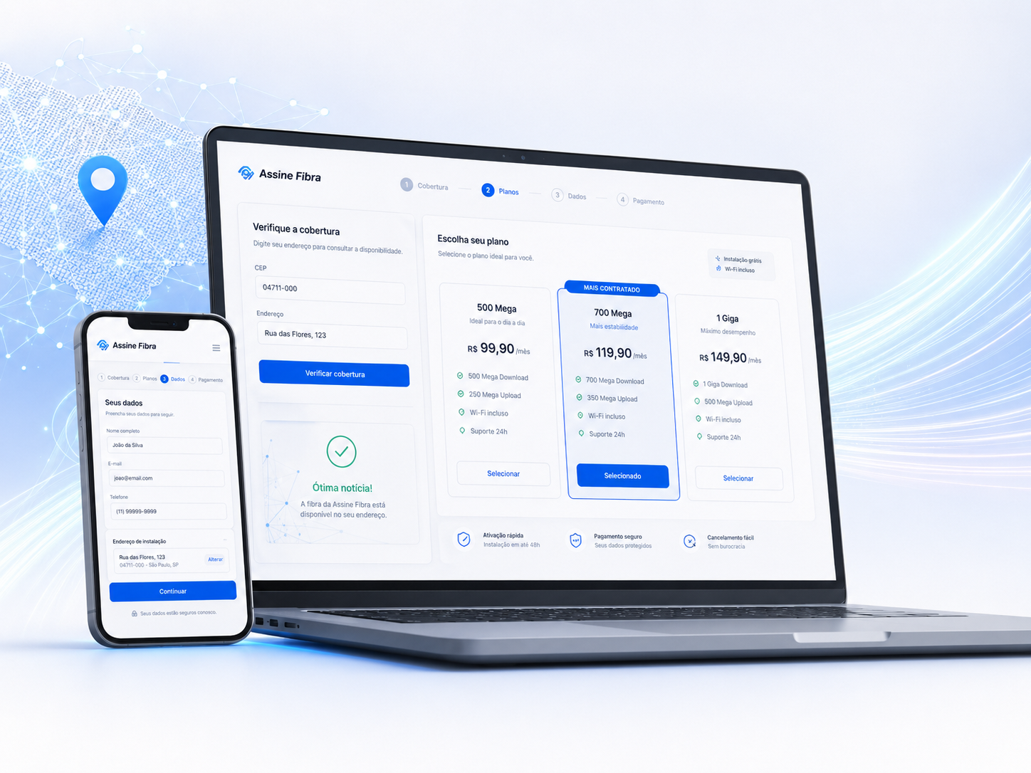 Dashboard do Assine Fibra em notebook e celular